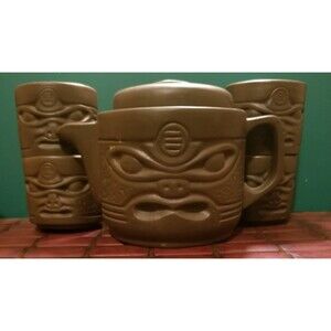 Vintage Zisha Two-Faced Tiki Tea Set Teapot Lid & 4 Cups Book of Tiki